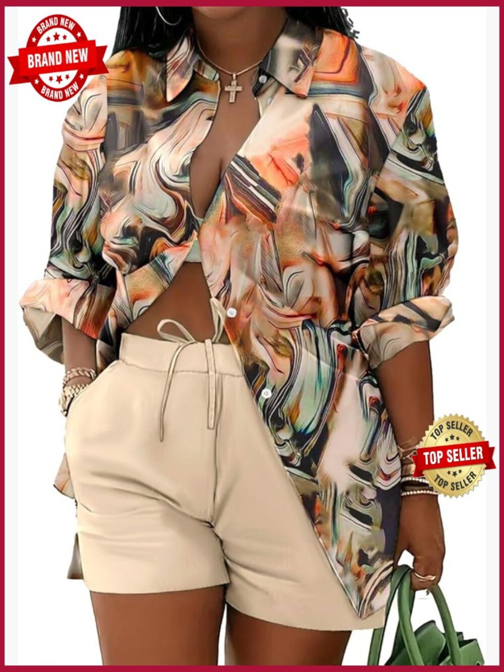 Long Sleeve Printed Shirt & Lace-Up Shorts Set